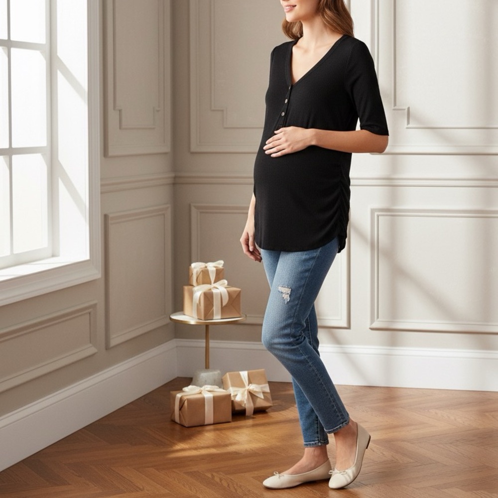 Isabel Maternity by Ingrid & Isabel Black Short Sleeve Henley Maternity Top